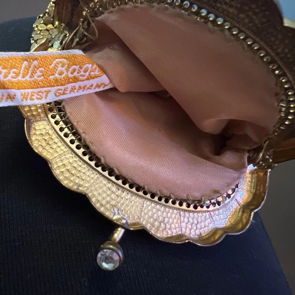 Vintage Lorelle Bags Gold Metal Mesh Coin Purse Rhinestone Clasp West Germany